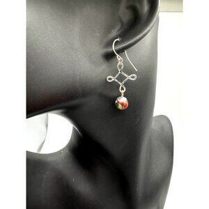 Cloisonné Red Ball Bead Silver Tone Dangle Drop Earrings